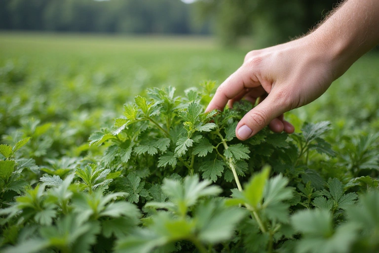 A hand carefully selecting organic herbs in a lush, green field, symbolizing ethical and natural sourcing. No text, no letters, no inscriptions.