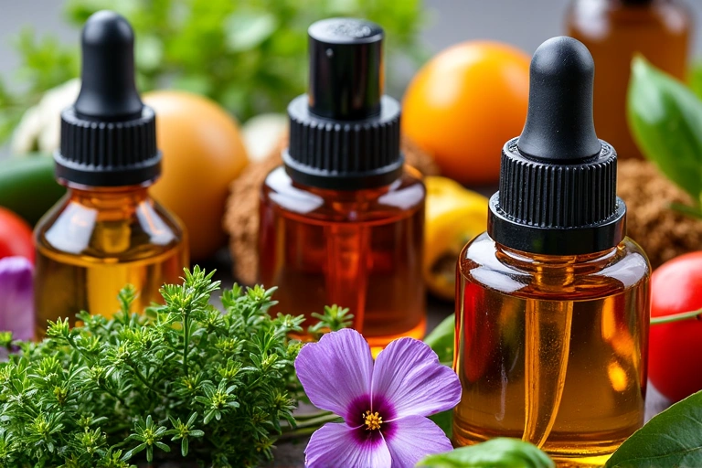 A vibrant close-up of various natural ingredients like essential oils, herbs, and flowers, symbolizing DermaPro's commitment to natural products. No text, no letters, no inscriptions.