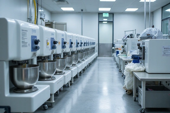 A clean, sterile production line showcasing advanced machinery for mixing and packaging natural skincare products. No text, no letters, no inscriptions.