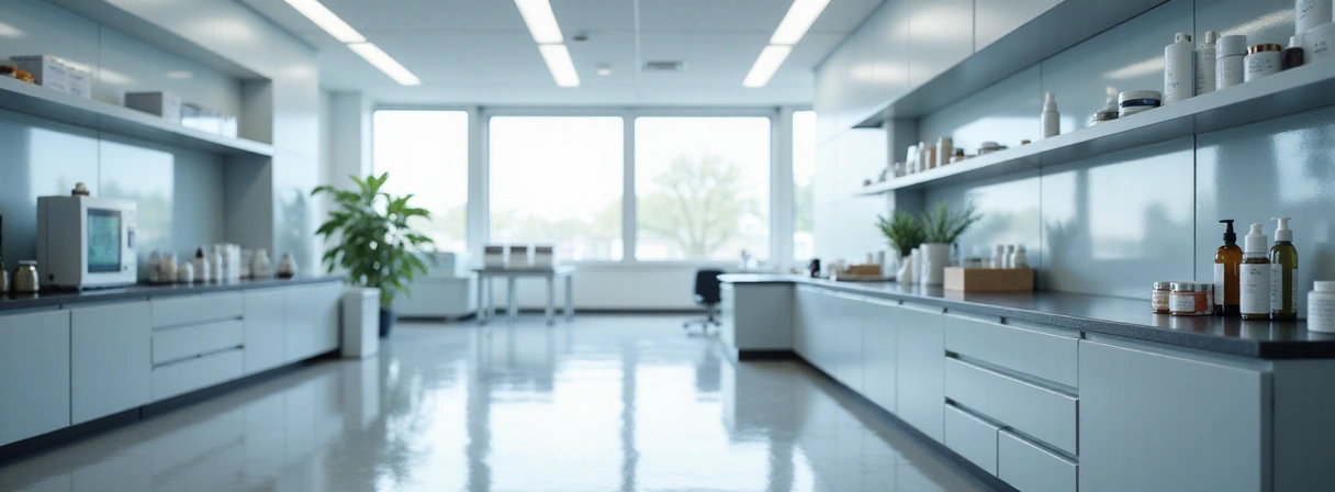 A serene image representing the dedication and collaborative spirit of the DermaPro team in a modern, clean lab environment, focusing on natural skincare product development. No text, no letters, no inscriptions.