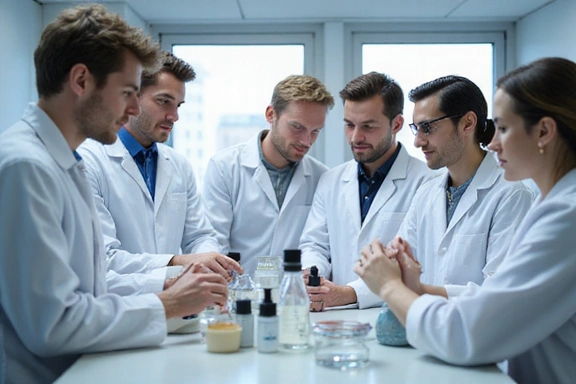 A diverse group of scientists and researchers in a bright, modern laboratory, actively collaborating on skincare development. No text, no letters, no inscriptions.