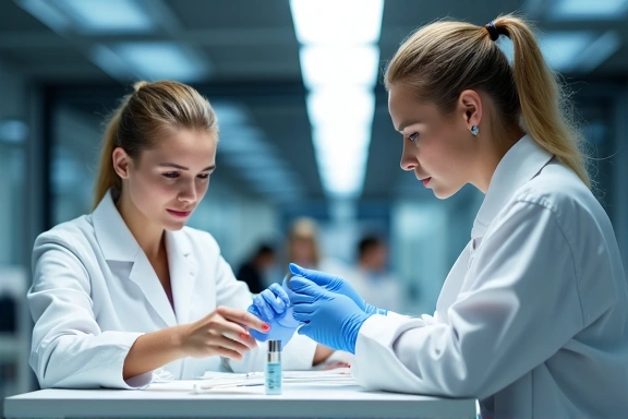 Quality control specialists meticulously inspecting skincare products in a well-lit testing area. No text, no letters, no inscriptions.