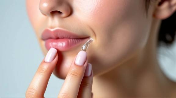 A close-up of a person's hand applying a small amount of serum to their face, highlighting skincare routine