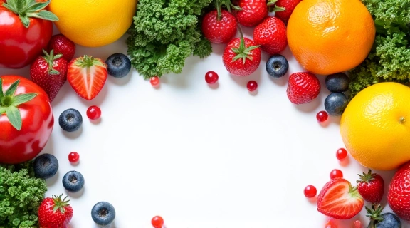 A variety of colorful fresh fruits and vegetables, promoting healthy eating for beauty