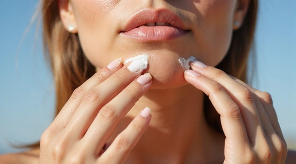 A person applying sunscreen to their face, emphasizing sun protection
