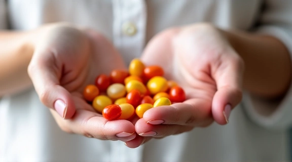 A close-up of a person's hand holding a vitamin supplement pill, signifying internal health