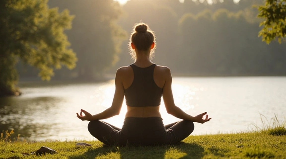 A woman meditating outdoors in a peaceful setting, illustrating stress reduction for beauty