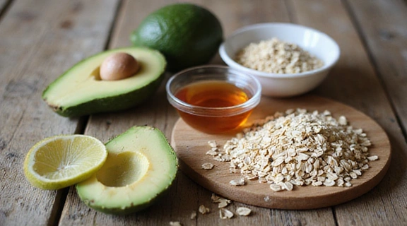 Various natural ingredients like avocado, honey, and oats, used for DIY face masks