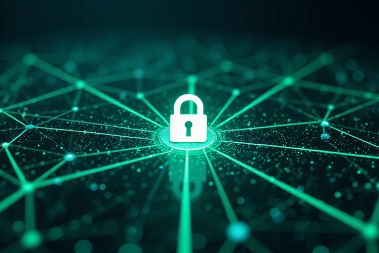 Secure data transmission with padlock icon and abstract network lines