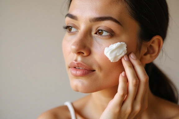 Close-up of a woman applying a natural face cream, showing healthy, glowing skin