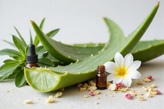 Variety of plant extracts and natural ingredients used in skincare, such as aloe vera, green tea leaves, and essential oils
